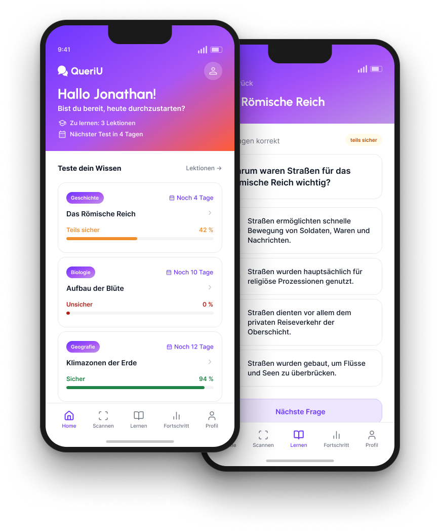 QueriU App-Ansicht: Startbildschirm mit Lernstand und Abfrage zum Römischen Reich
